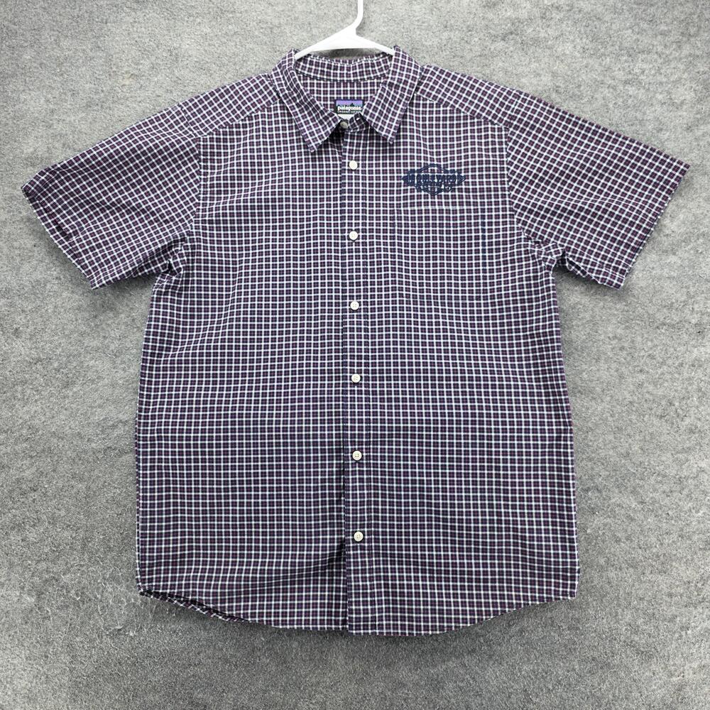 Patagonia Boulevard Brewing Shirt Mens Large Blue Check Short Sleeve Button Up